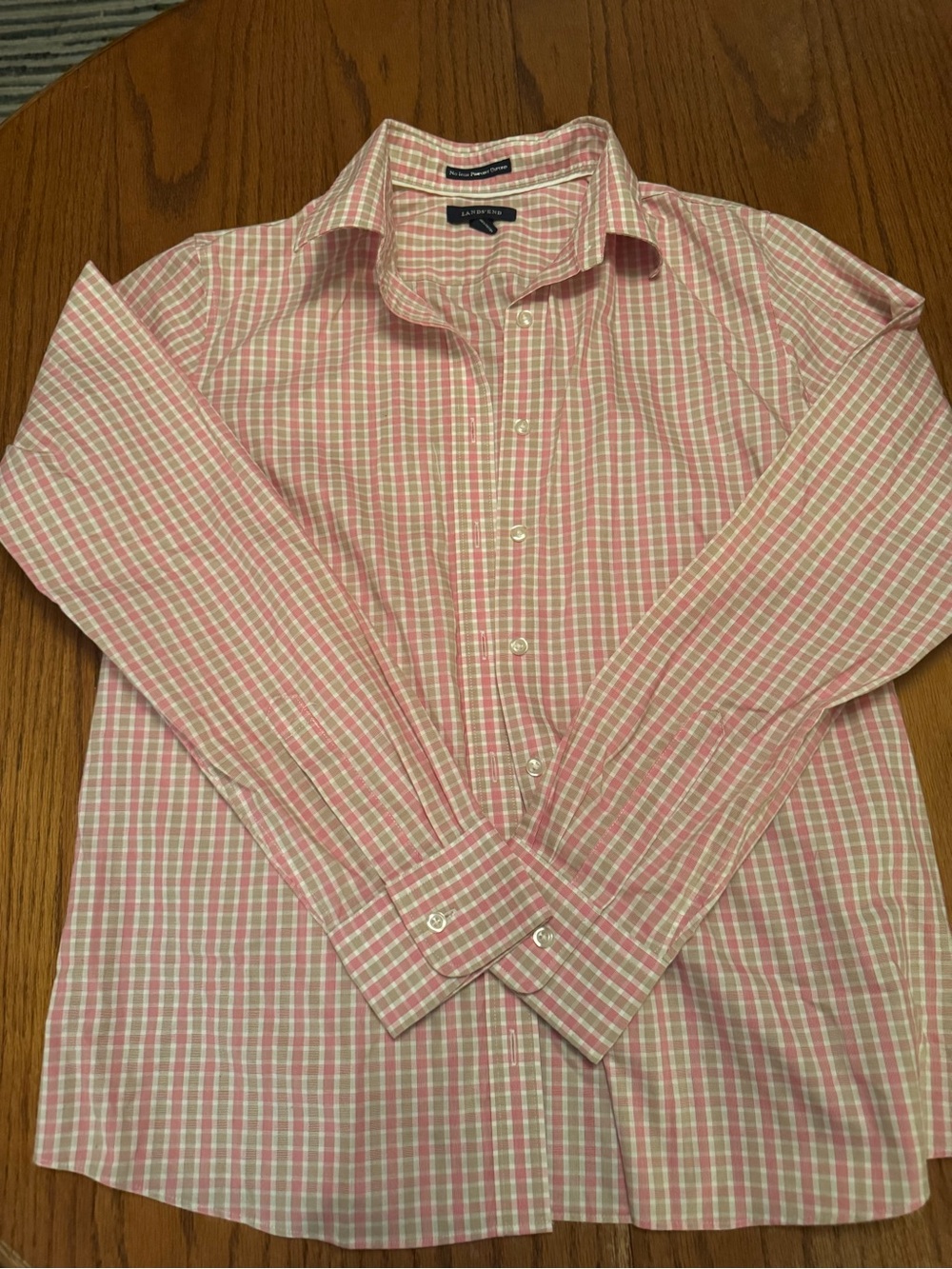 Lands' End Pink and White Plaid Dress Shirt